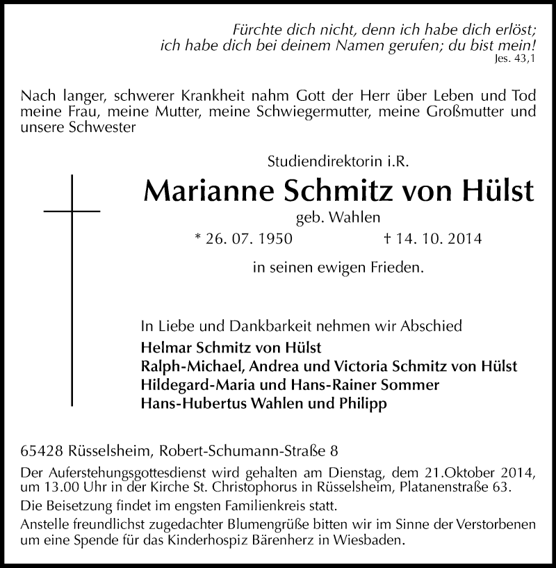  Traueranzeige für Marianne Schmitz von Hülst vom 18.10.2014 aus Rüsselsheimer Echo, Groß-Gerauer-Echo, Ried Echo