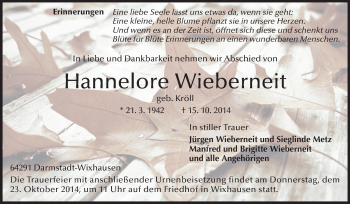 Traueranzeige von Hannelore Wieberneit von Echo-Zeitungen (Gesamtausgabe)