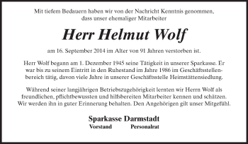 Traueranzeige von Helmut Wolf von Echo-Zeitungen (Gesamtausgabe)