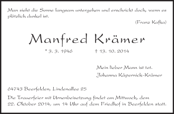 Traueranzeige von Manfred Krämer von Odenwälder Echo