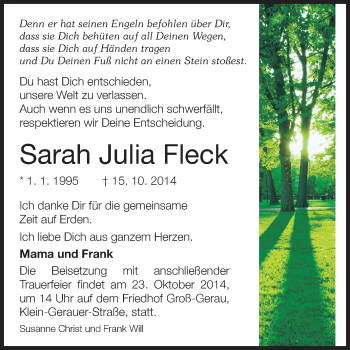 Traueranzeige von Sarah Julia Fleck von Rüsselsheimer Echo, Groß-Gerauer-Echo, Ried Echo