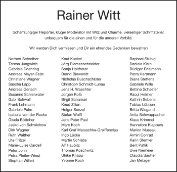 Traueranzeige von Rainer Witt von Echo-Zeitungen (Gesamtausgabe)