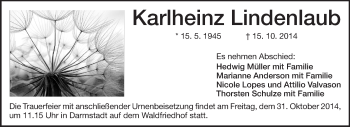 Traueranzeige von Karlheinz Lindenlaub von Echo-Zeitungen (Gesamtausgabe)
