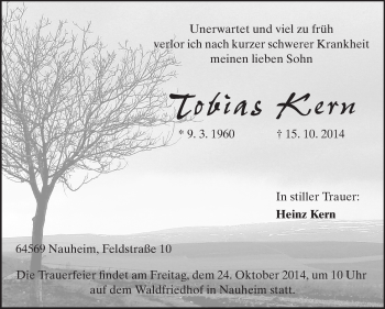 Traueranzeige von Tobias Kern von Rüsselsheimer Echo, Groß-Gerauer-Echo, Ried Echo