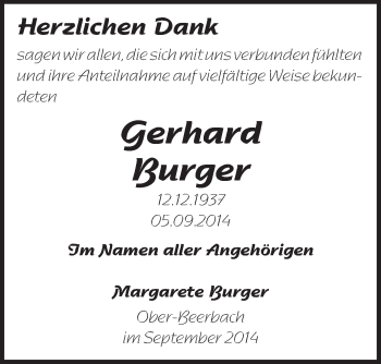 Traueranzeige von Gerhard Burger von Echo-Zeitungen (Gesamtausgabe)
