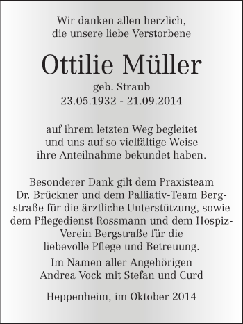Traueranzeige von Ottilie Müller von Starkenburger Echo