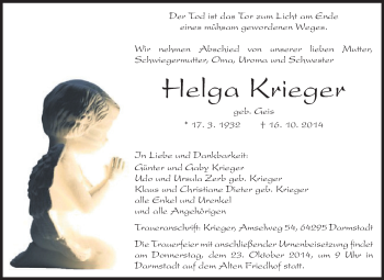Traueranzeige von Helga Krieger von Echo-Zeitungen (Gesamtausgabe)