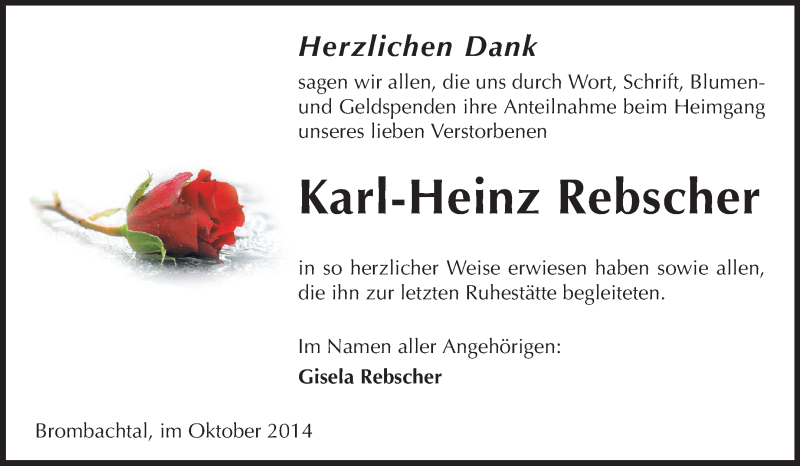  Traueranzeige für Karl-Heinz Rebscher vom 25.10.2014 aus Odenwälder Echo
