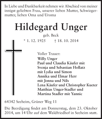 Traueranzeige von Hildegard Unger von Echo-Zeitungen (Gesamtausgabe)