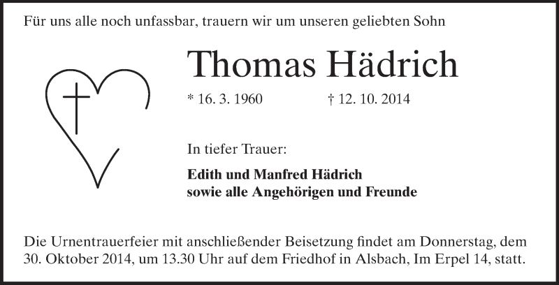  Traueranzeige für Thomas Hädrich vom 22.10.2014 aus Echo-Zeitungen (Gesamtausgabe)