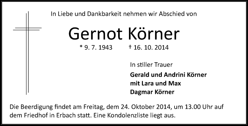  Traueranzeige für Gernot Körner vom 22.10.2014 aus Odenwälder Echo