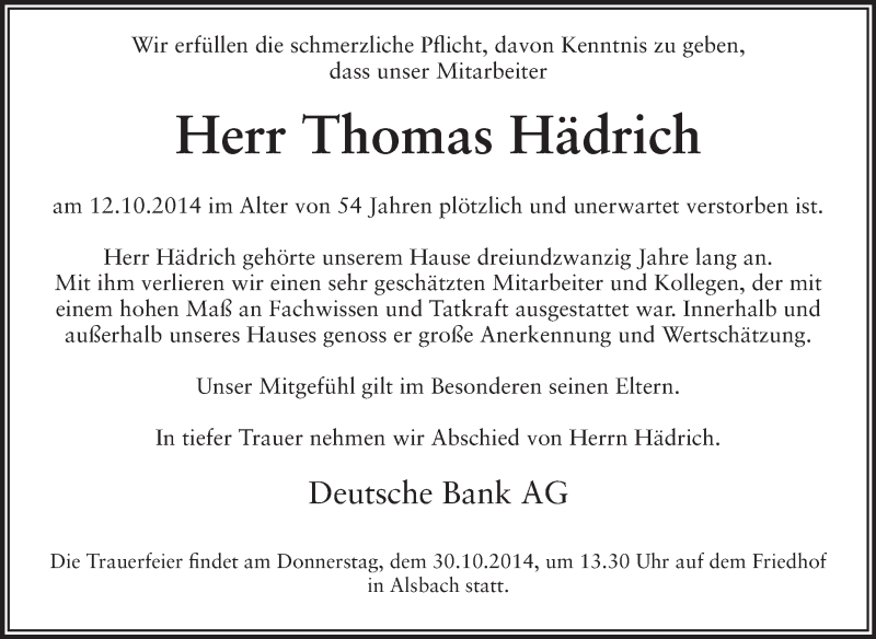  Traueranzeige für Thomas Hädrich vom 22.10.2014 aus Echo-Zeitungen (Gesamtausgabe)