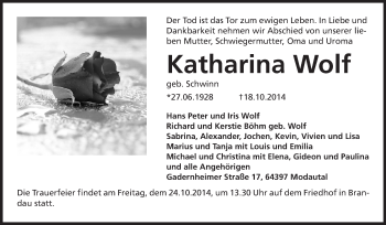 Traueranzeige von Katharina Wolf von Echo-Zeitungen (Gesamtausgabe)