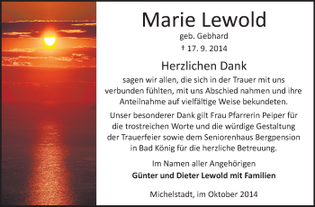 Traueranzeige von Marie Lewold von Odenwälder Echo