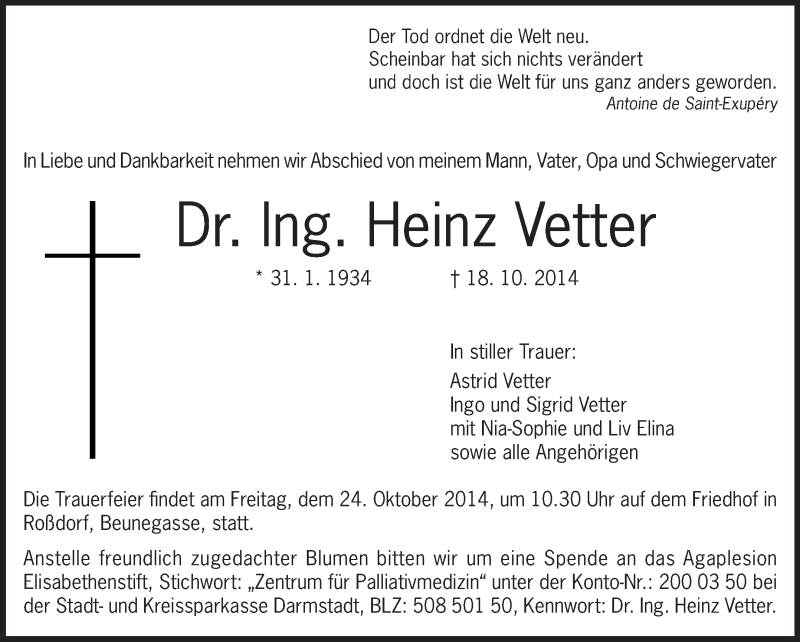  Traueranzeige für Heinz Vetter vom 22.10.2014 aus Echo-Zeitungen (Gesamtausgabe)