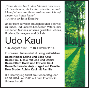 Traueranzeige von Udo Kaul von Rüsselsheimer Echo, Groß-Gerauer-Echo, Ried Echo