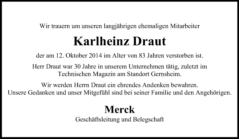  Traueranzeige für Karlheinz Draut vom 22.10.2014 aus Rüsselsheimer Echo, Groß-Gerauer-Echo, Ried Echo