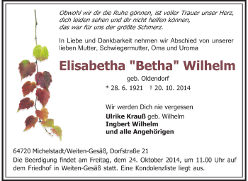 Traueranzeige von Elisabetha Wilhelm von Odenwälder Echo