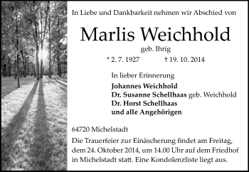 Traueranzeige von Marlis Weichhold von Odenwälder Echo