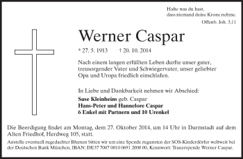 Traueranzeige von Werner Caspar von Echo-Zeitungen (Gesamtausgabe)