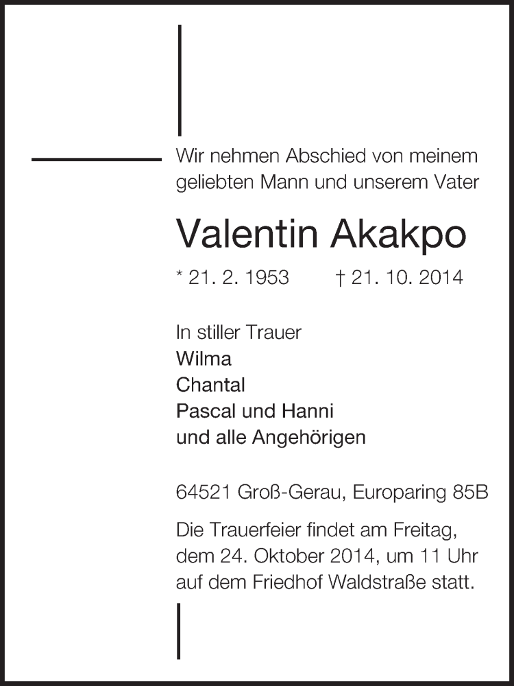  Traueranzeige für Valentin Akakop vom 23.10.2014 aus Rüsselsheimer Echo, Groß-Gerauer-Echo, Ried Echo