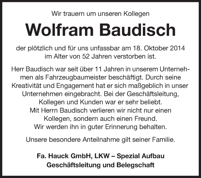  Traueranzeige für Wolfram Baudisch vom 23.10.2014 aus Echo-Zeitungen (Gesamtausgabe)