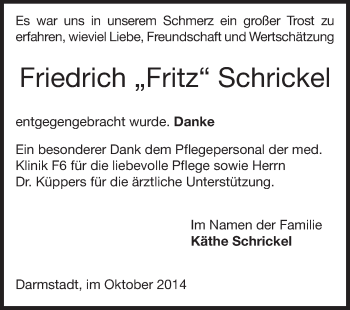 Traueranzeige von Friedrich Fritz Schrickel von Echo-Zeitungen (Gesamtausgabe)