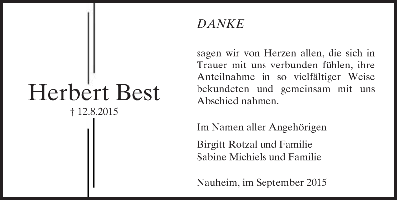  Traueranzeige für Herbert Best vom 11.09.2015 aus trauer.echo-online.de