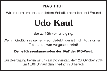 Traueranzeige von Udo Kaul von Rüsselsheimer Echo, Groß-Gerauer-Echo, Ried Echo