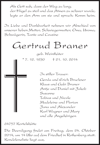 Traueranzeige von Gertrud Braner von Odenwälder Echo