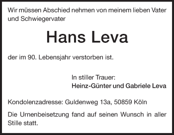 Traueranzeige von Hans Leva von Echo-Zeitungen (Gesamtausgabe)