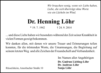 Traueranzeige von Henning Löhr von Rüsselsheimer Echo, Groß-Gerauer-Echo, Ried Echo