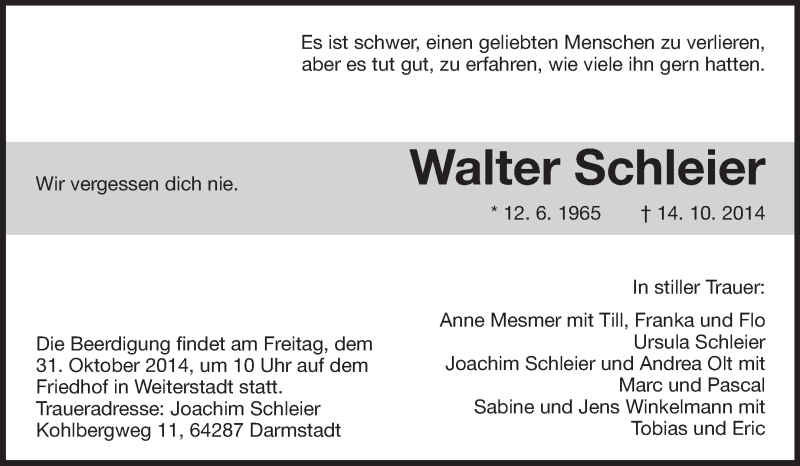  Traueranzeige für Walter Schleier vom 25.10.2014 aus Echo-Zeitungen (Gesamtausgabe)