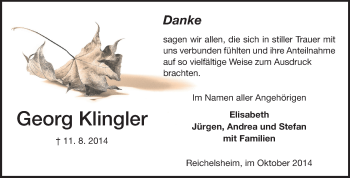 Traueranzeige von Georg Klingler von Odenwälder Echo