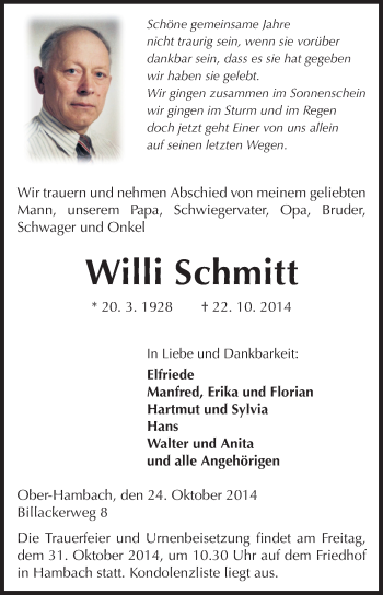 Traueranzeige von Willi Schmitt von Starkenburger Echo