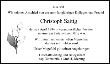 Traueranzeige von Christoph Sattig von Echo-Zeitungen (Gesamtausgabe)