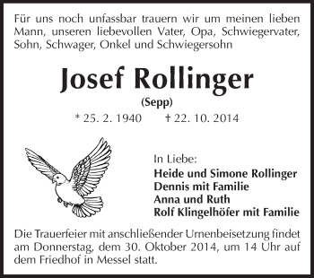 Traueranzeige von Josef Rollinger von Echo-Zeitungen (Gesamtausgabe)