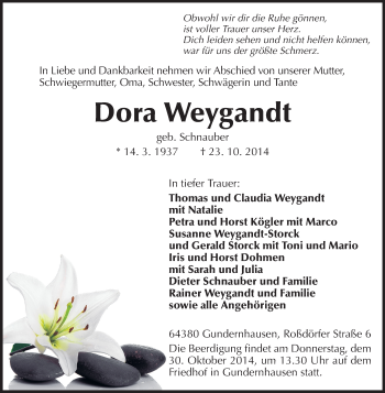 Traueranzeige von Dora Weygandt von Echo-Zeitungen (Gesamtausgabe)
