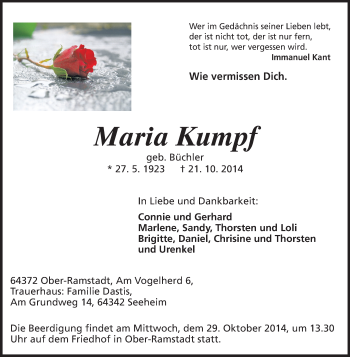Traueranzeige von Maria Kumpf von Echo-Zeitungen (Gesamtausgabe)