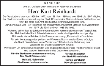 Traueranzeige von Kurt Reinhardt von Rüsselsheimer Echo, Groß-Gerauer-Echo, Ried Echo