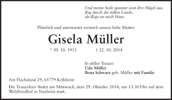 Traueranzeige von Gisela Müller von Rüsselsheimer Echo, Groß-Gerauer-Echo, Ried Echo
