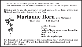 Traueranzeige von Marianne Horn von Odenwälder Echo