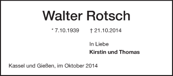 Traueranzeige von Walter Rotsch von Echo-Zeitungen (Gesamtausgabe)