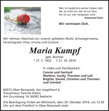 Traueranzeige von Maria Kumpf von Echo-Zeitungen (Gesamtausgabe)