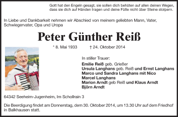 Traueranzeige von Peter Günther Reiß von Echo-Zeitungen (Gesamtausgabe)