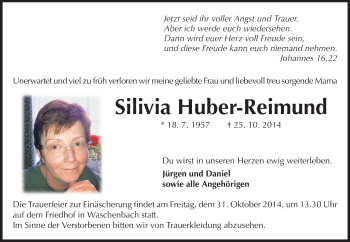 Traueranzeige von Silivia Huber-Reimund von Echo-Zeitungen (Gesamtausgabe)