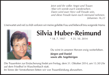 Traueranzeige von Silivia Huber-Reimund von Echo-Zeitungen (Gesamtausgabe)