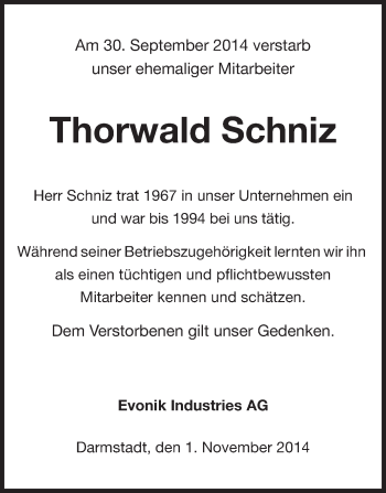 Traueranzeige von Thorwald Schniz von Echo-Zeitungen (Gesamtausgabe)