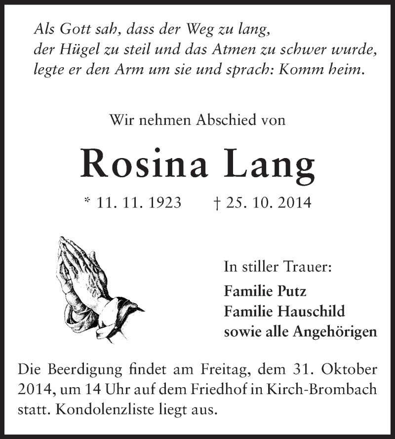  Traueranzeige für Rosina Lang vom 29.10.2014 aus Odenwälder Echo