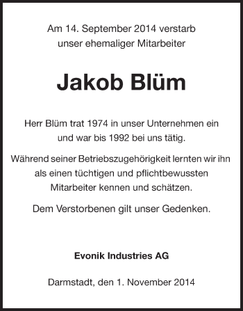 Traueranzeige von Jakob Blüm von Echo-Zeitungen (Gesamtausgabe)